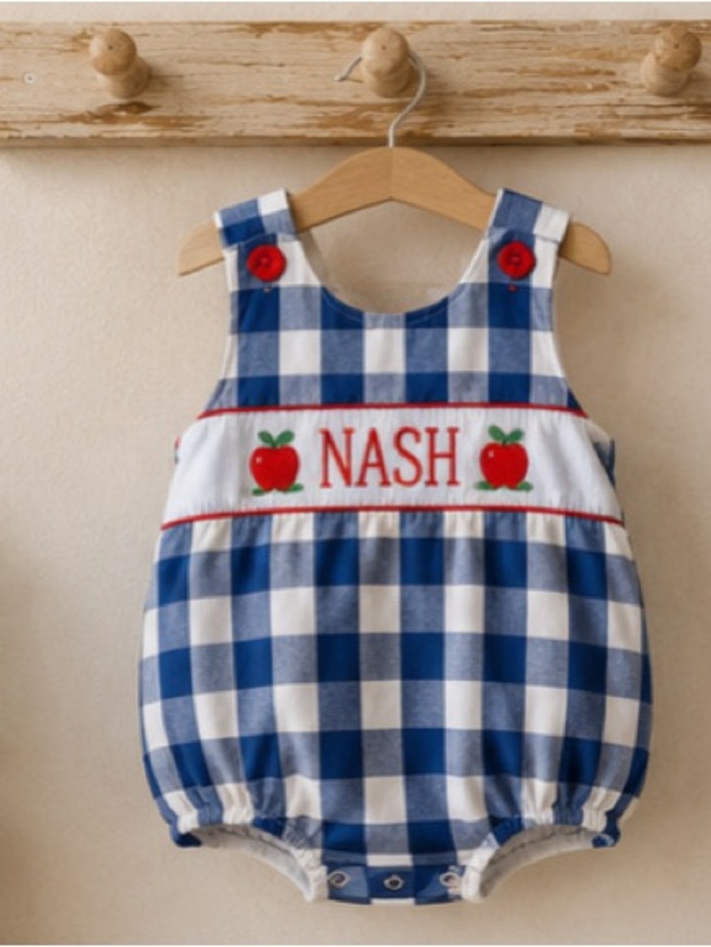 Personalized Blue Gingham Baby Romper with Red Apple Embroidery